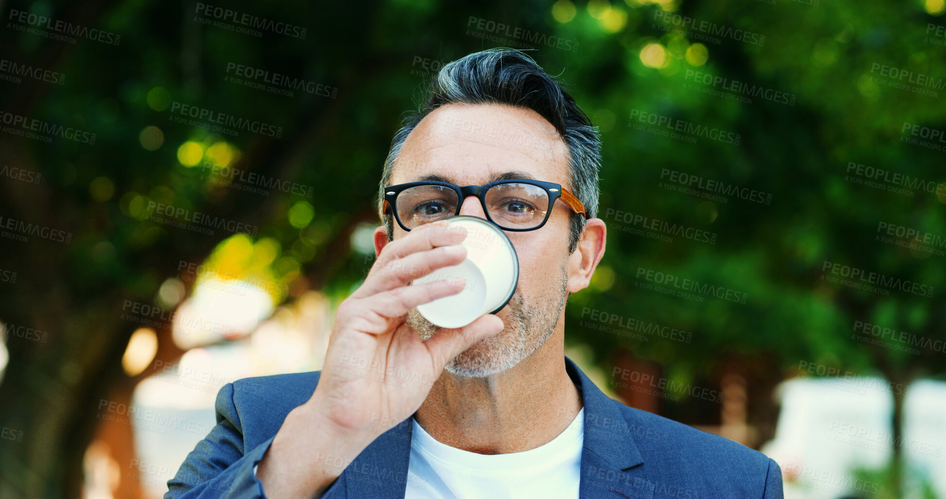 Buy stock photo Businessman, portrait or drinking coffee in city for travel, morning commute or support local. Mature lawyer, takeaway cup or glasses in urban New York with caffeine, business journey or professional