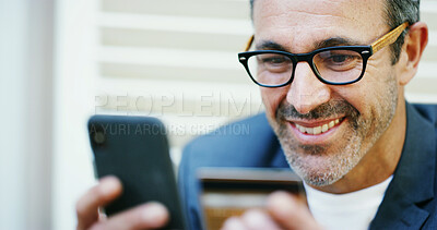 Buy stock photo Mature, happy man or phone with credit card for online purchase, shopping or payment at home. Face, male person or shopper with smile on mobile smartphone for internet banking or wireless transaction