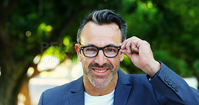 Buy stock photo Mature, portrait and happy man with glasses in nature for business tour, sight or optometry. Face, male person or NGO executive with smile for good eyesight, visual aid or perception at outdoor park