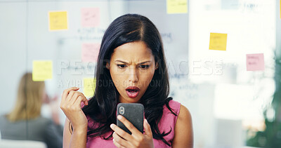 Buy stock photo Phone, storyboard and wow with business woman in creative office for news, planning or surprise. App, gossip social media with shocked design employee in workplace for announcement or information