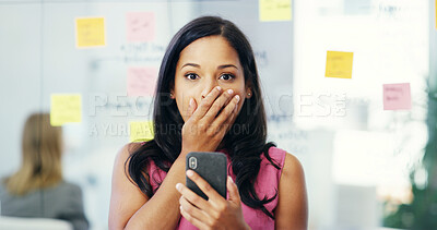 Buy stock photo Phone, portrait and wow of designer woman in office for communication or networking. Bonus, storyboard or surprise and winner business person at work with facial expression for gossip or secret