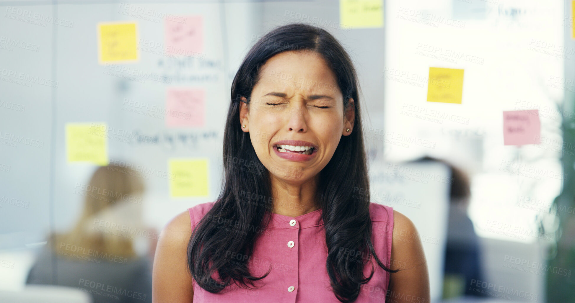 Buy stock photo Sad, businesswoman and crying in office for stress, missed deadline and anxiety in creative agency. Career, female person or designer with sobbing for storyboard mistake, bad news and startup fail