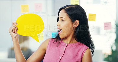 Buy stock photo Speech bubble, shock and business woman in office with news, announcement and feedback. Mockup space, social media and happy person with empty sign for information, advertising and job promotion