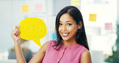 Buy stock photo Speech bubble, happy and portrait of business woman in office with news, announcement and feedback. Mockup space, social media and person with sign for information, advertising and job promotion