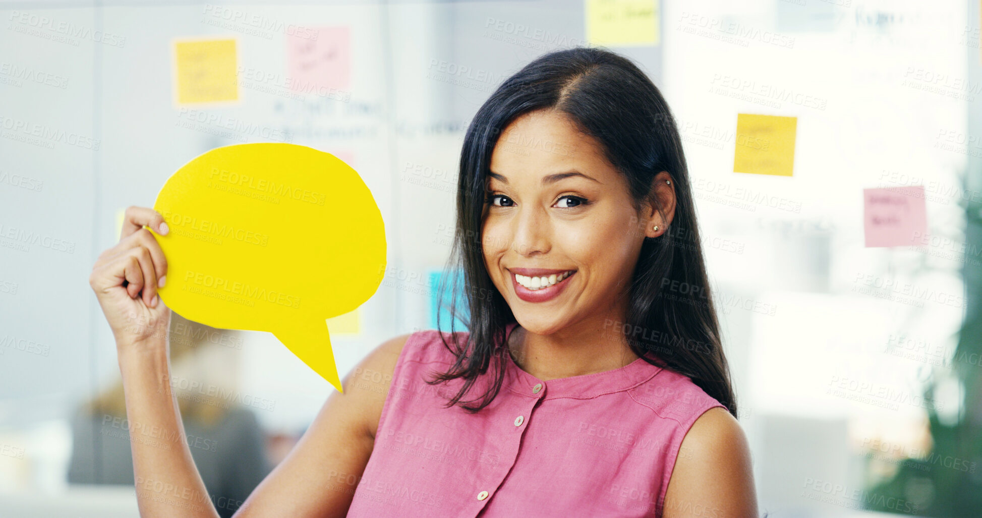 Buy stock photo Speech bubble, happy and portrait of business woman in office with news, announcement and feedback. Mockup space, social media and person with sign for information, advertising and job promotion