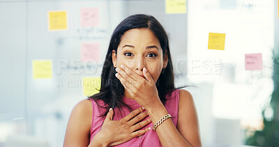 Buy stock photo Portrait, reaction and surprise of business woman in office for bonus, shock or winning. Excited, storyboard or wow and designer person at work with facial expression for gossip, news or secret