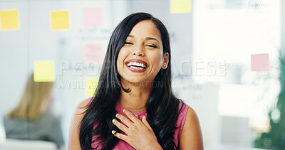 Buy stock photo Office, laughing and business woman in portrait for creative agency, startup company and career joke. Workplace, female person and designer with happiness for funny news, comic and confidence for job