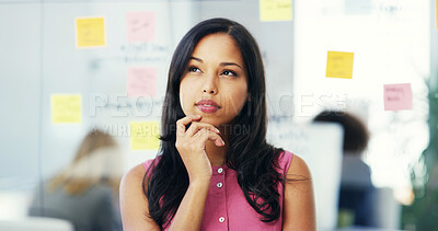 Buy stock photo Office, businesswoman and unsure with thinking for problem solving, startup insight and wondering. Choice, female person and designer with thoughts for creative agency, storyboard and doubt for ideas