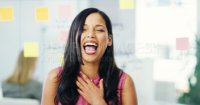 Buy stock photo Joke, laughing and business woman in office for creative agency, startup company and career growth. Workplace, female person and designer with happiness for funny news, comic and confidence for job