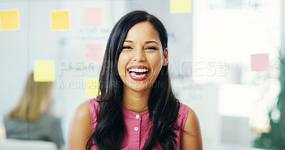 Buy stock photo Portrait, laughing and business woman in office for creative agency, startup company and career joke. Career, female person and designer with happiness for funny news, comic and confidence for job