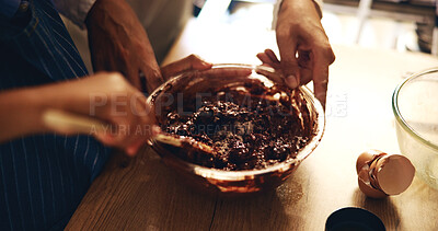 Buy stock photo Hands, parent and kid for baking with mixture in bowl for Christmas dessert, chocolate cake and meal at home. Learning, people and teach or help for culinary skills and child development in kitchen
