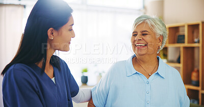 Buy stock photo Smile, laughing and old woman in home with nurse for senior care, support and funny in lounge. Homecare, elderly person and caregiver in living room with healthcare advice, bonding and comic joke