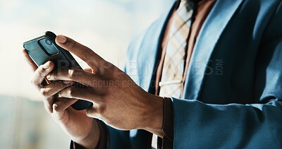 Buy stock photo Businessman, cellphone and hands with typing as network, connection and communication in office. Male person, mobile technology and contact for online, email and internet as investment banker in firm