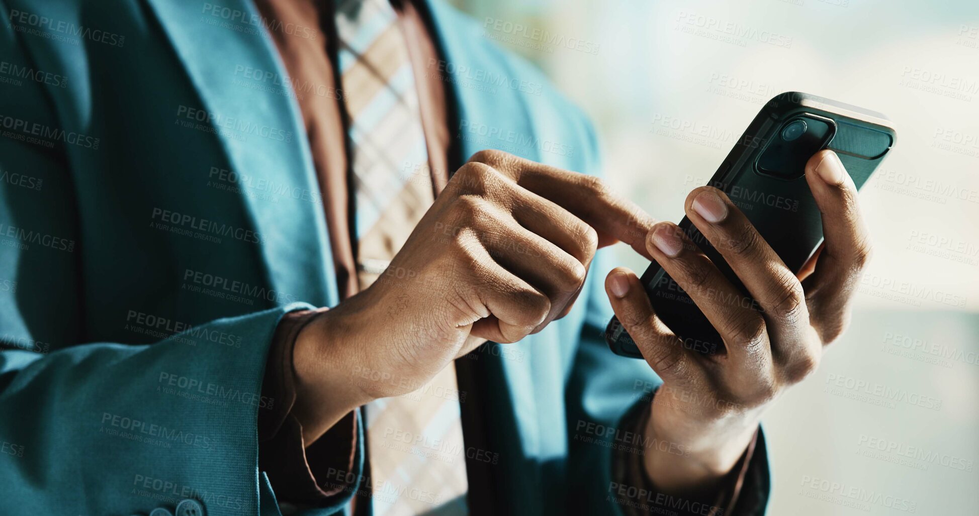 Buy stock photo Businessman, smartphone and hands for typing as connection, network and communication in office. Male person, mobile technology and contact for online, email and internet as investment banker in firm