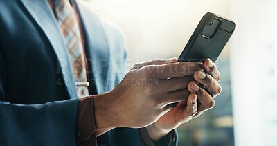 Buy stock photo Businessman, smartphone and hands for typing as communication, connection and network in office. Male person, mobile technology and contact for online, email and internet as investment banker in firm