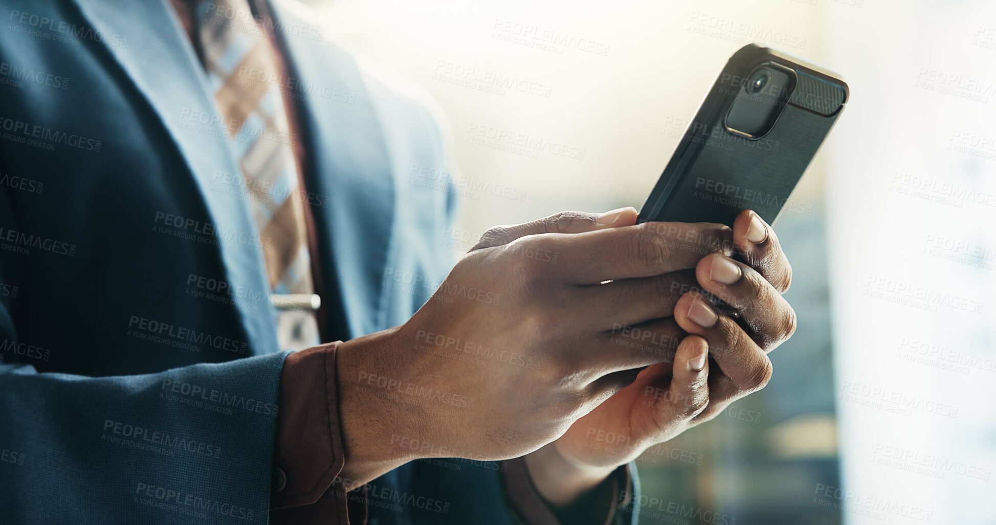 Buy stock photo Businessman, smartphone and hands for typing as communication, connection and network in office. Male person, mobile technology and contact for online, email and internet as investment banker in firm