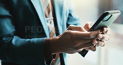 Buy stock photo Businessman, cellphone and hands with typing for communication, connection or network in office. Male person, mobile technology and contact for online, email and internet as investment banker in firm