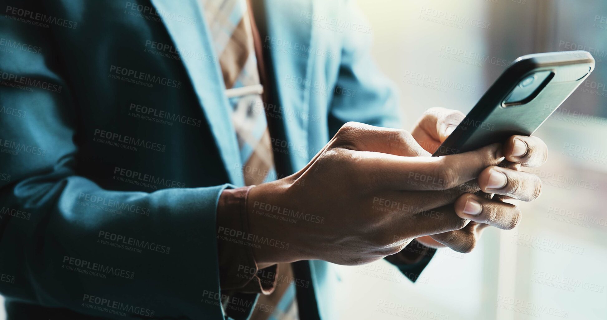 Buy stock photo Businessman, cellphone and hands with typing for communication, connection or network in office. Male person, mobile technology and contact for online, email and internet as investment banker in firm