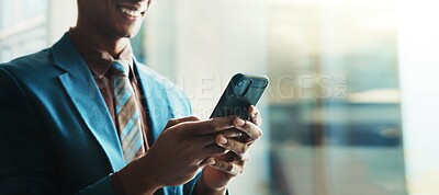 Buy stock photo Business, man and hands typing with smartphone in office for cryptocurrency research or reading stock market news. Person, happy trader or phone for checking online trading account or currency update