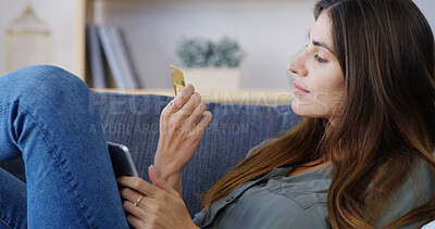Buy stock photo Woman, tablet and checking credit card on sofa for online shopping, security details and internet banking. Ecommerce, person and technology for digital purchase, debit information and fintech in home