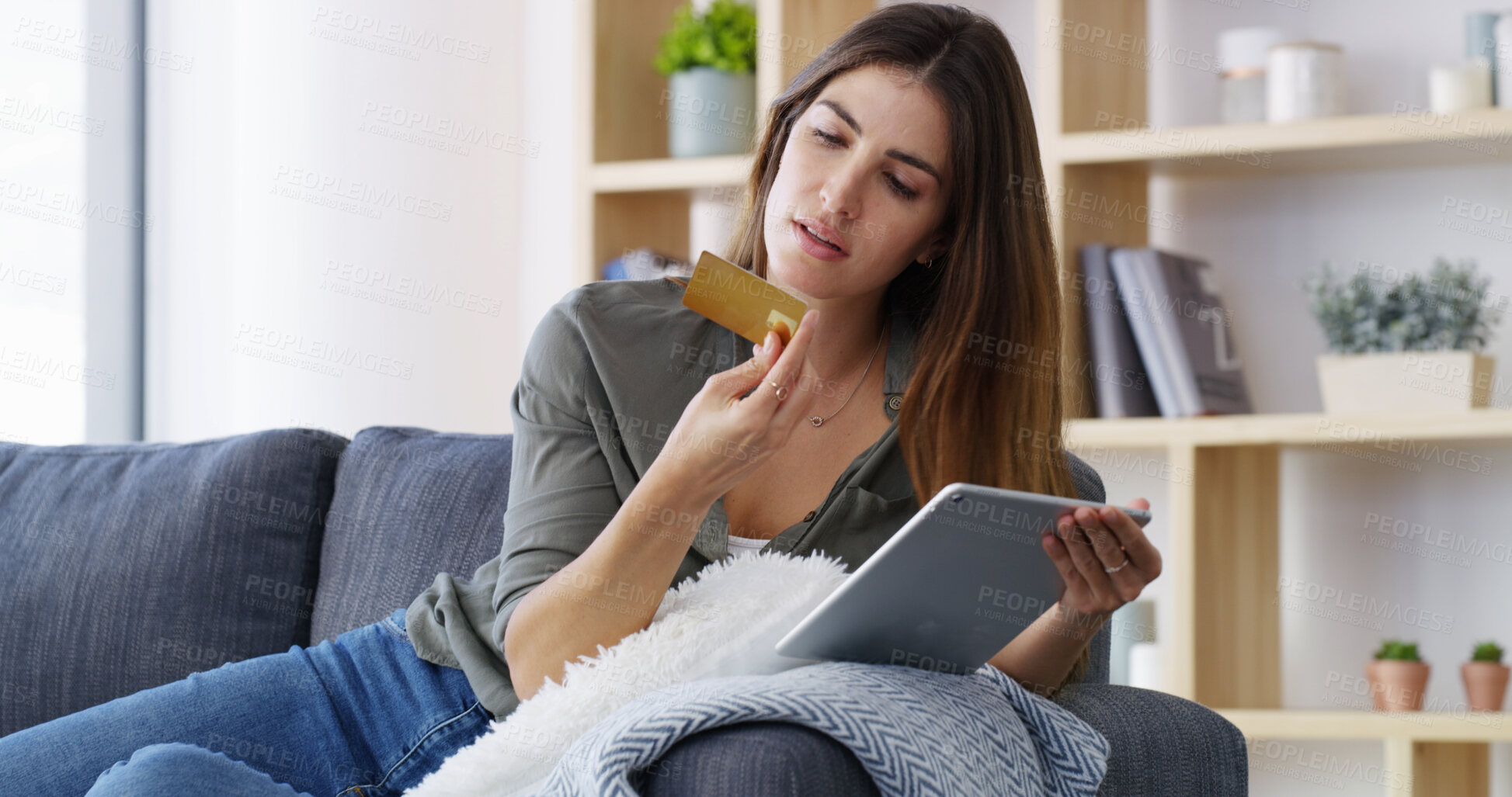 Buy stock photo Woman, tablet and checking credit card in home for online shopping, security details and banking information. Ecommerce, person and technology for digital purchase, debit password and fintech on sofa