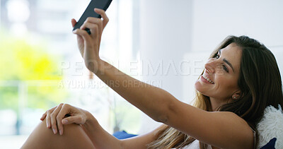 Buy stock photo Selfie, woman and happy on bed in home for social media post, profile picture update and morning vlog. Influencer, girl and smile with photography in bedroom for memory and content creation in house
