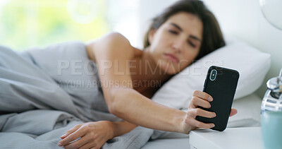 Buy stock photo Hands, woman and wake up with phone in bed for app alert, checking time and notifications in home. Morning, person and smartphone in bedroom for missed call, mobile alarm and text message in house