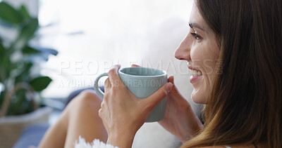 Buy stock photo Home, woman and thinking with coffee for relax, comfortable and chilling on weekend in living room. Reflection, female person and morning with happiness for tea cup, espresso and wellness in house