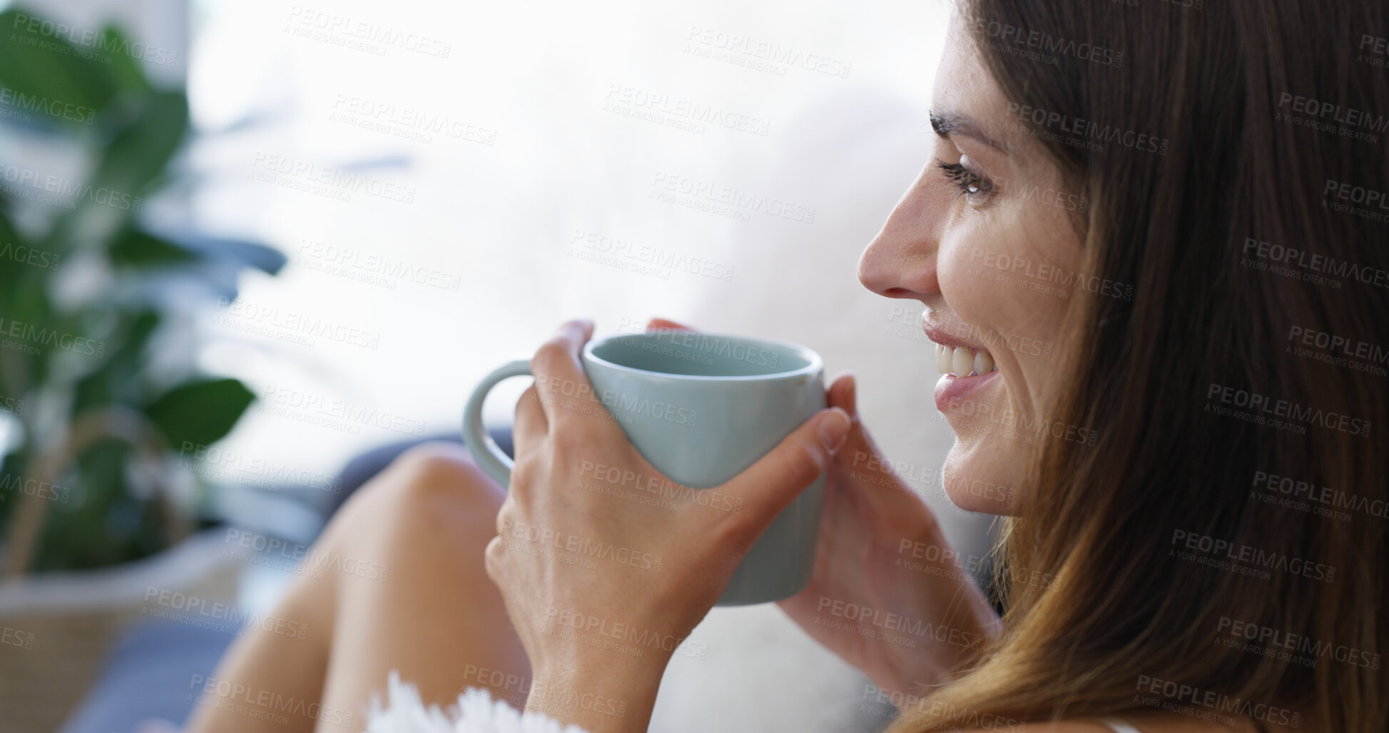 Buy stock photo Home, woman and thinking with coffee for relax, comfortable and chilling on weekend in living room. Reflection, female person and morning with happiness for tea cup, espresso and wellness in house