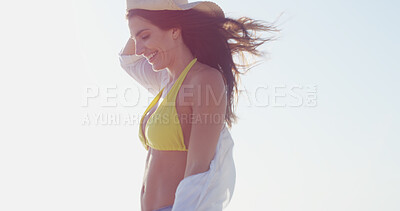 Buy stock photo Woman, swimsuit and outdoor for vacation peace, explore summer and blue sky for Bali wellness. Female person, travel location and holiday in nature for wanderlust, confident bikini and adventure