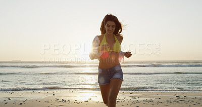 Buy stock photo Travel, happy and woman by beach running on vacation, weekend trip or adventure in Greece. Journey, freedom and female person by ocean for fun outdoor on seaside holiday for fun on summer morning.