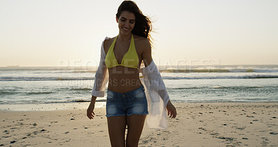Buy stock photo Woman, relax and beach for vacation peace, explore summer and travel to tropical island. Female person, ocean location and holiday in nature for wanderlust, confident tourist and Bali adventure