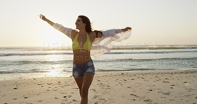 Buy stock photo Travel, woman and happy with freedom by beach for summer adventure, fresh air or wellness celebration. Enjoyment, girl and smile with stretching arms for holiday getaway, tropical journey or vacation