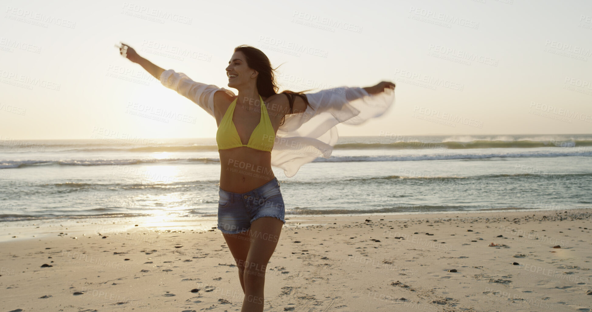 Buy stock photo Travel, woman and happy with freedom by beach for summer adventure, fresh air or wellness celebration. Enjoyment, girl and smile with stretching arms for holiday getaway, tropical journey or vacation