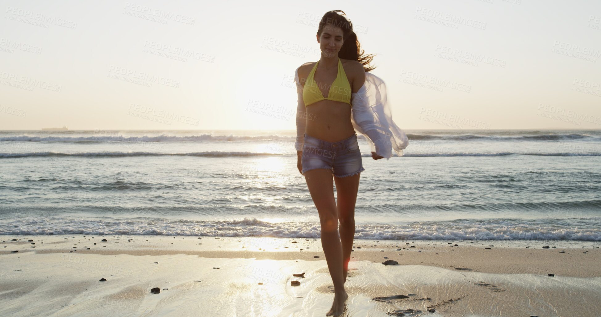 Buy stock photo Woman, walking and beach for vacation peace, explore summer and travel to tropical island. Female person, ocean location and holiday in nature for wanderlust, tourist and Bali adventure by sea waves