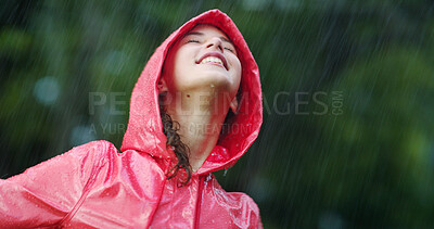 Buy stock photo Rain coat, outdoor and woman with nature, happiness and travel with forest, joyful and insurance protection. Safety, person and girl with cover, water and smile with positive mindset and Japan