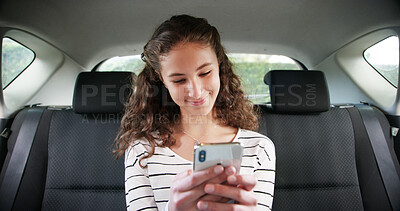 Buy stock photo Road trip, girl and texting with car, smartphone and online communication or chat for vacation. Teenager, vehicle and scrolling on social media, holiday and adventure or conversation on cellphone