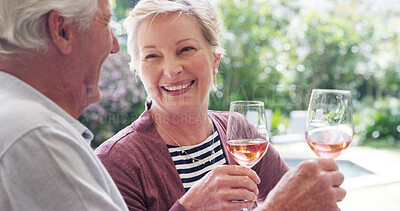 Buy stock photo Smile, toast and senior couple with wine, brunch and celebrate holiday or vacation together. Love, alcohol and retirement for man, woman and happy people bonding at lunch with beverage cheers