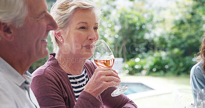 Buy stock photo Family, drink and senior people with wine, brunch and celebrate holiday or vacation together. Love, alcohol and social gathering for man, woman and happy parents bonding at lunch buffet for nutrition