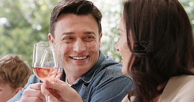 Buy stock photo Family, toast and people with cheers, brunch and celebrate holiday or vacation together. Love, wine and social gathering for man, woman and happy parents bonding at lunch with alcohol beverage 