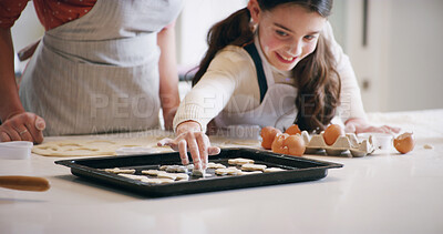 Buy stock photo Hands, baking and mom with child in kitchen with dough for learning with cookies or biscuits. Tray, eggs and mother teaching girl kid to cook with ingredients and utensils for dessert in home.