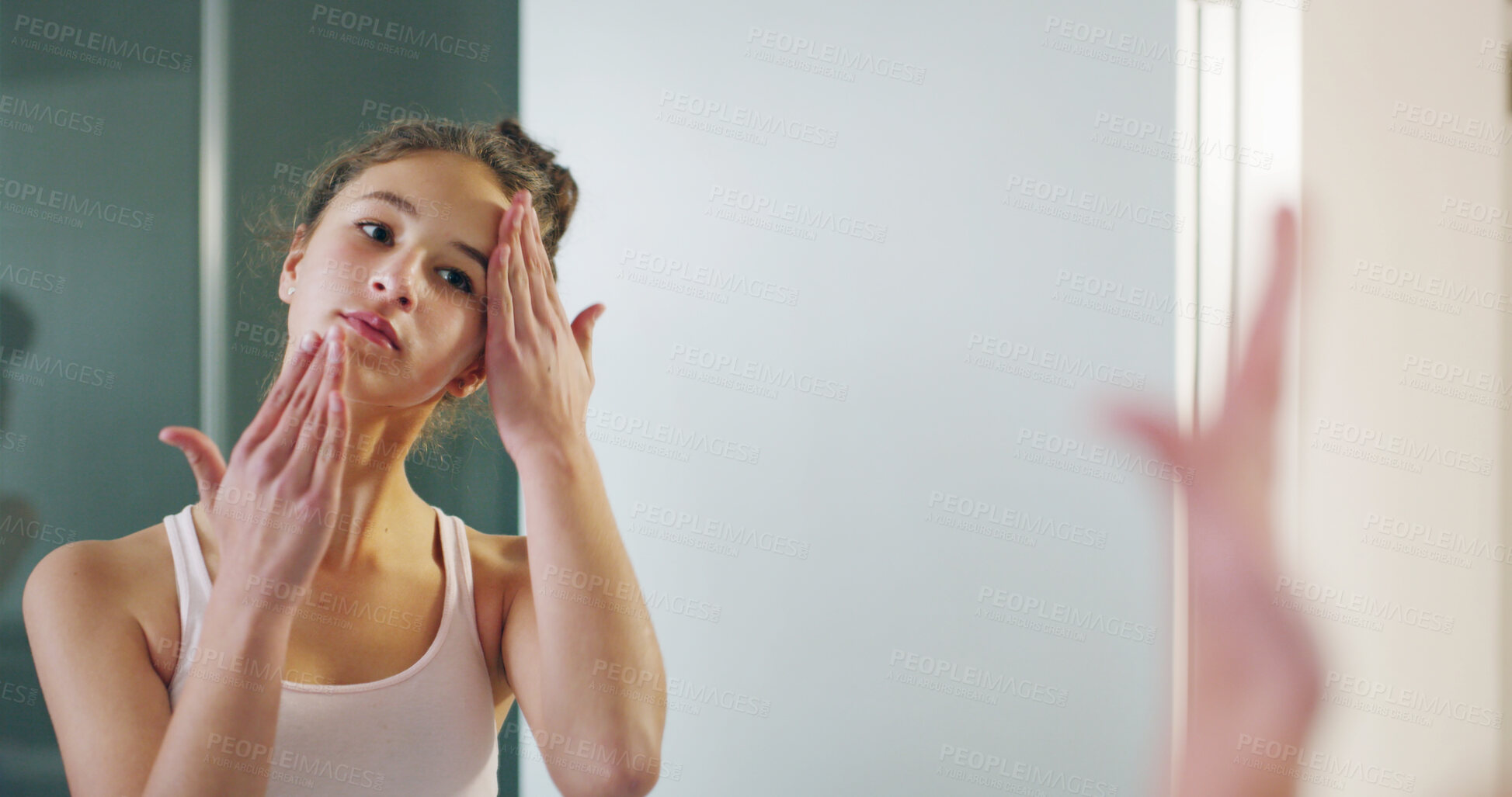 Buy stock photo Beauty, morning and reflection with woman in bathroom of home for hygiene or natural skincare. Collagen, cosmetics and facial with routine of person in mirror at apartment for dermatology wellness