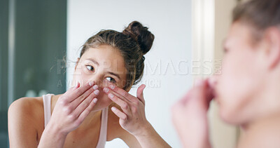 Buy stock photo Mirror, skincare and woman in bathroom, pimple and remove acne with dermatology. Person, house and girl with cosmetics, grooming routine and treatment with shine, wellness and beauty with reflection
