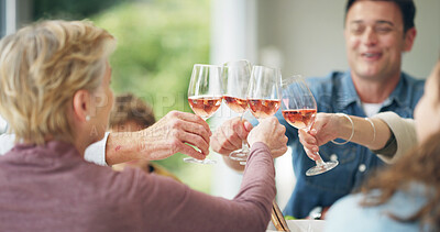 Buy stock photo Family, toast and happy people with wine, brunch and celebrate holiday or vacation together. Love, cheers and social gathering for man, woman and parents bonding at lunch with alcohol beverage 