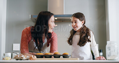 Buy stock photo Happy, baking and mother with kid in kitchen with dough for learning with cookies or biscuits. Tray, eggs and mom teaching girl child to cook with ingredients and utensils for dessert in home.