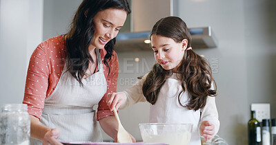 Buy stock photo Mother, girl and cooking with home, kitchen and learning with ingredients for pastry or dessert or cake. Happy, woman and daughter help teaching for baking pudding, cookies or bakery recipe in house