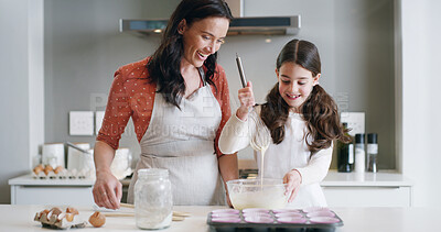 Buy stock photo Mom, girl and cooking with home, kitchen and learning with ingredients for pastry or dessert or cake. Happy, woman and daughter help teaching for baking pudding, cookies or bakery recipe in house