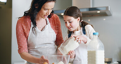 Buy stock photo Mother, child and baking with flour, kitchen and learning with ingredients for pastry or dessert or bread. Happy, woman and daughter help teaching for cooking pudding, cake or bakery recipe in house