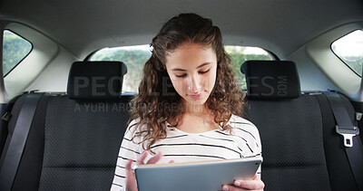 Buy stock photo Road trip, girl and browse with tablet, movie and online games or entertainment for vacation. Teenager, vehicle and scrolling on social media, holiday and adventure or journey with technology
