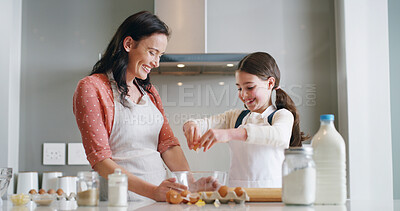 Buy stock photo Mother, girl and baking with eggs, kitchen and learning with ingredients for pastry and dessert or bread. Happy, woman and daughter help teaching for cooking pudding, cake or bakery recipe in house